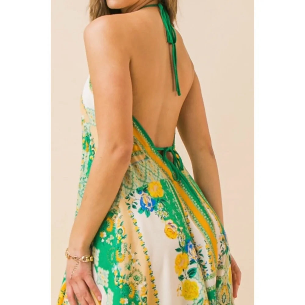 Flying Tomato Green & Ivory Patchwork Print Hanky Hem Halter Dress - Picture 3 of 9